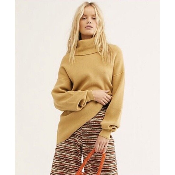 Free People M Softly Structured Knit Tunic Sweater Pullover Turtleneck Golden - Picture 1 of 8